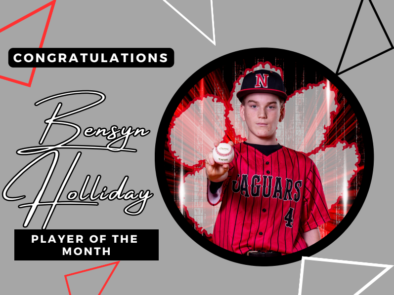 grey background with red white and black triangles title congratulations bensyn holliday player of the month 