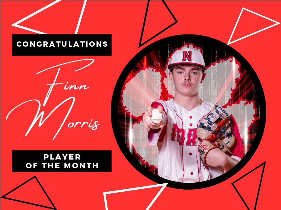 red background with black and white triangles with title congrats finn morris player of the month and black circle frame with picture of baseball player 