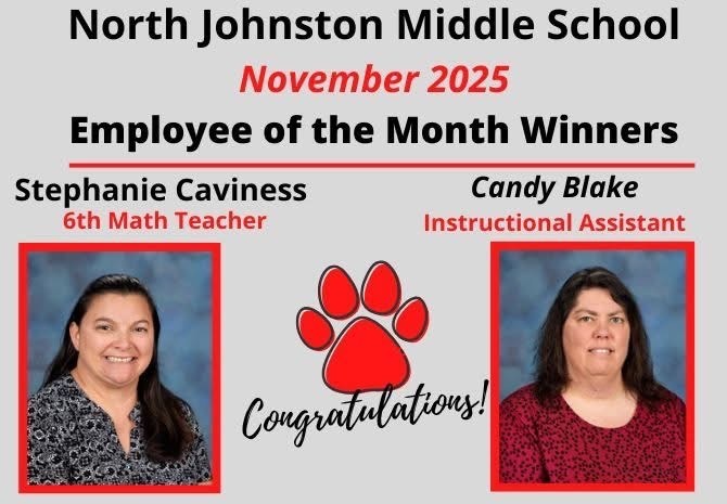 grey background with title NJMS November 2025 employee of the month winners stephanie caviness and candy blake it has their pictures under their name and a paw print that says congratulations