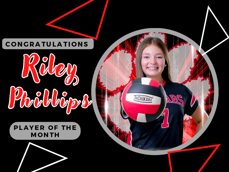 black background with white and red triangles with title congratulations riley phillips player of the month and picture of her holding a volleyball