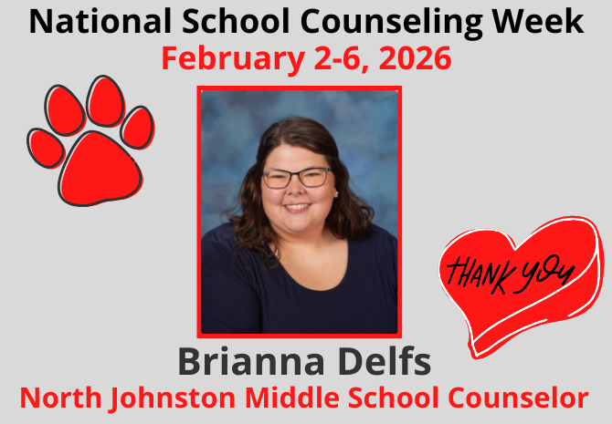 grey background title national school counseling week february 2-6, 2026 branna delfs and picture of delfs