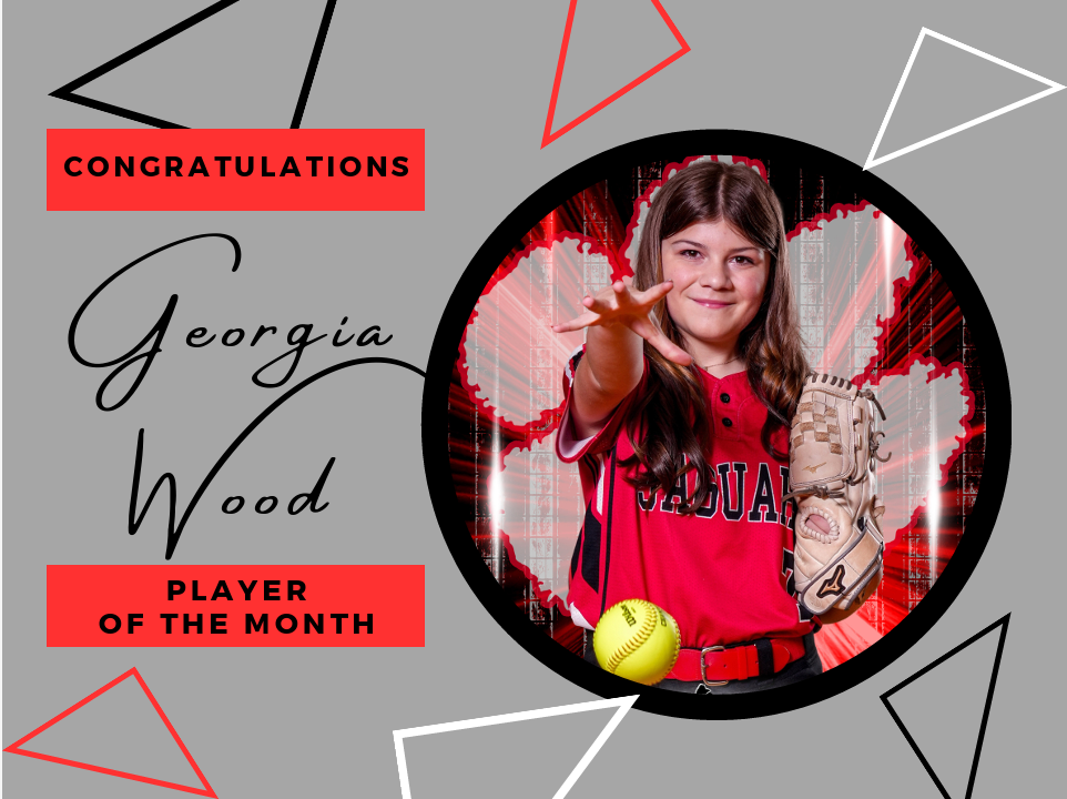 grey background with red white and black triangles and title congrats georgia wood player of the month and black cirlce frame with softball player 