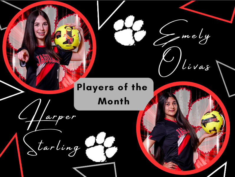 black background with red white and grey triangles with players of the month harper starling emely olivas 