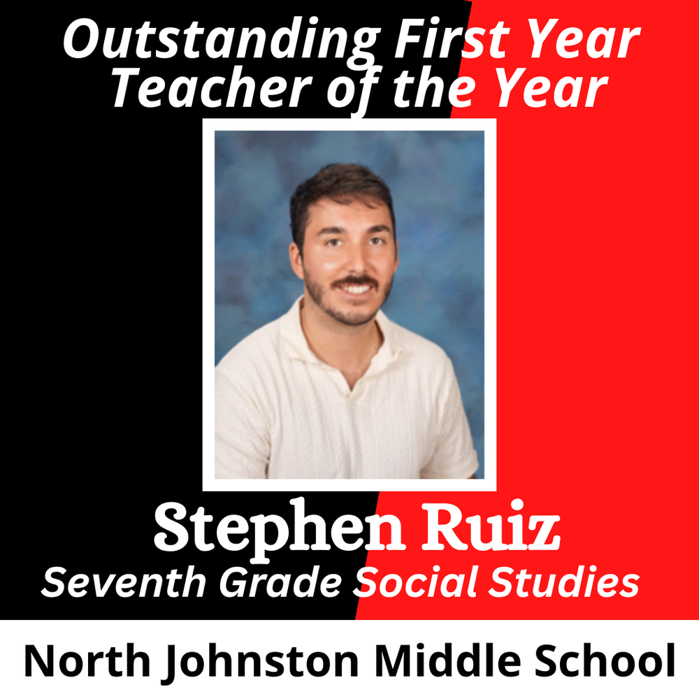 red and black background title outstanding first year teacher of the year stephen ruiz 7th grade social studies and a picture of mr ruiz