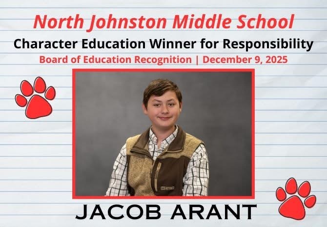 Picture of 8th grade student jake arant background is notebook paper with red paw prints