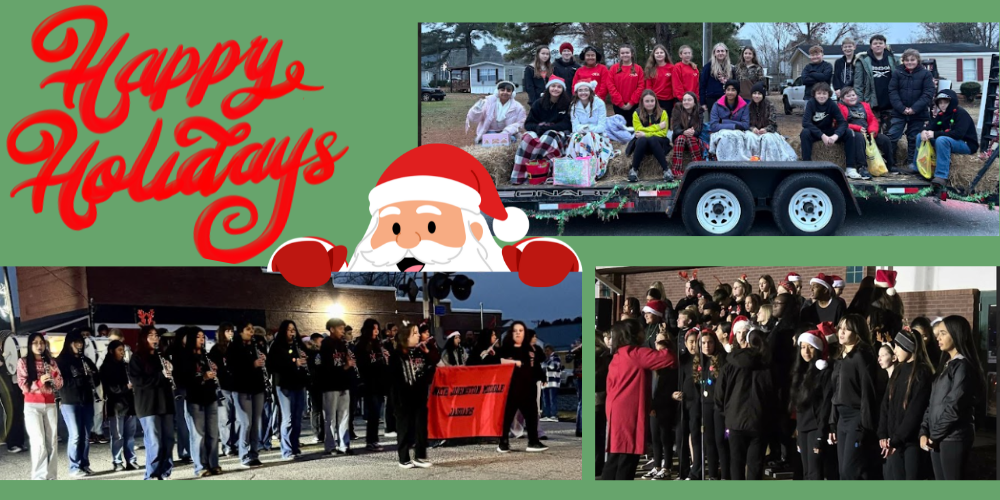 green background with the title happy holidays and Santa peeping over a picture 3 pictures 1 of the FFA on a float 1 of the band in a parade and 1 of chorus singing