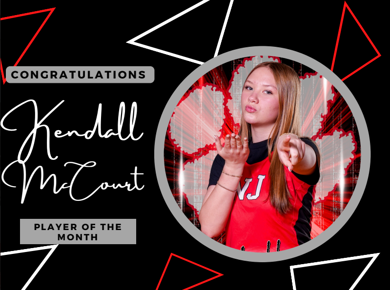black background with white and red triangles and title congratulations kendall mccourt player of the month 