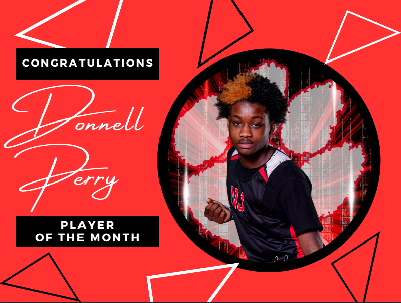red background with white and black triangles title congratulations donnell perry player of the month and picture of donnell 
