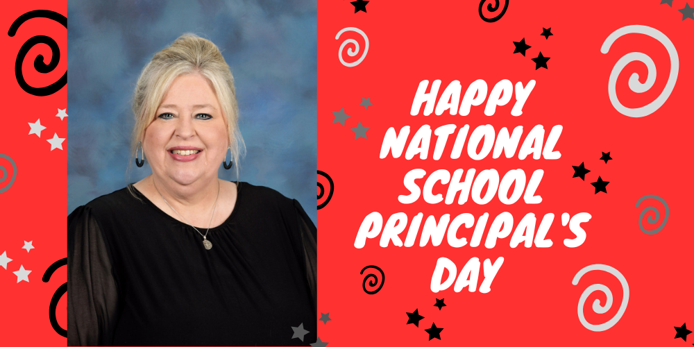 red background with black swirls and stars and title happy national school principals day and picture of mrs anders 