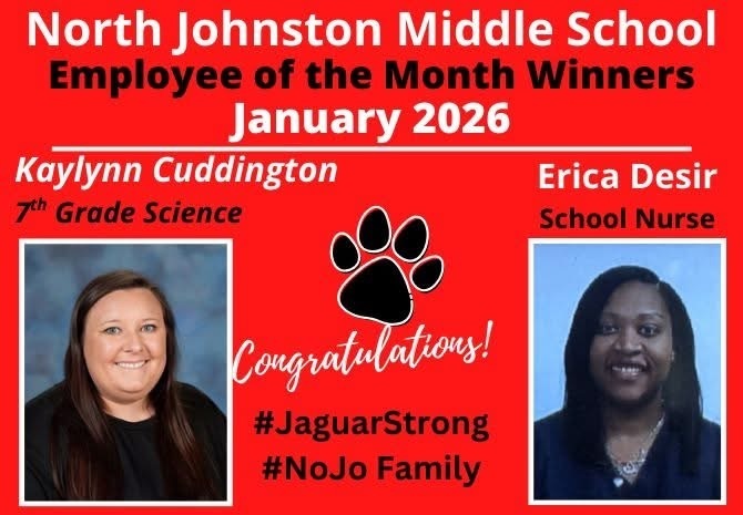 red background with title njms employee of the month winners kaylynn cuddington and Erica desir. Congratualtions and then has a picture of each of them 