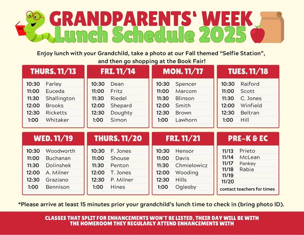 Grandparents' Week Lunch Schedule