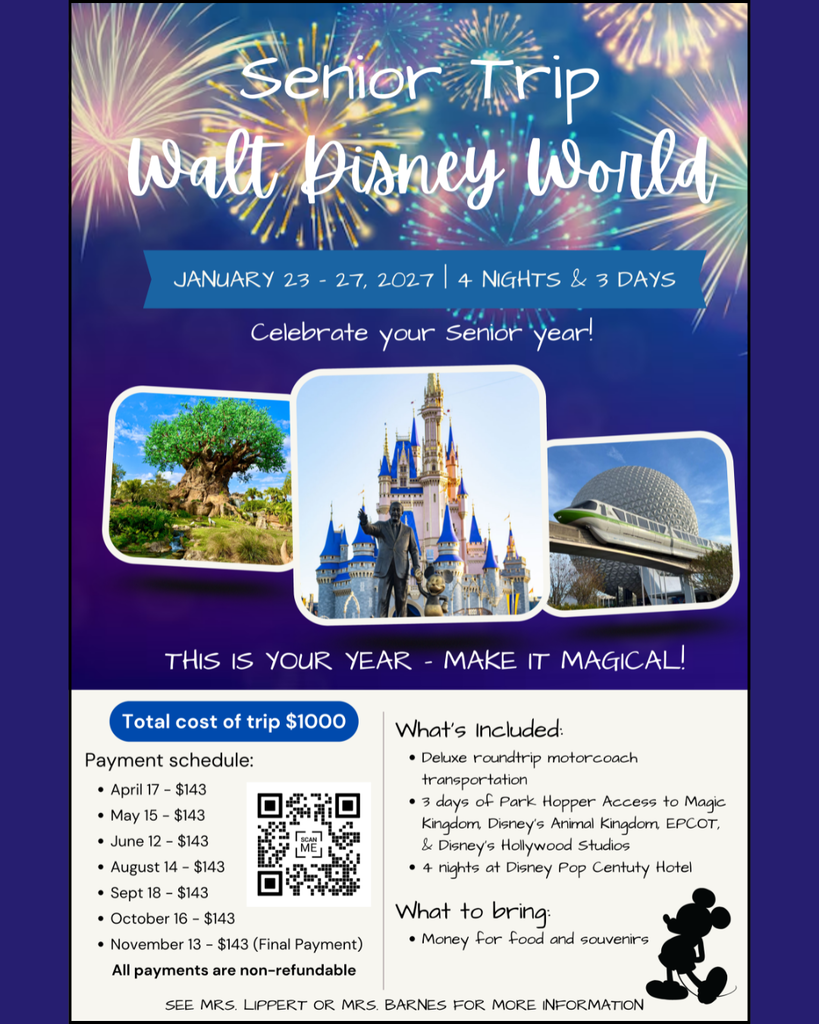 disney senior trip; scan the qr code for more information