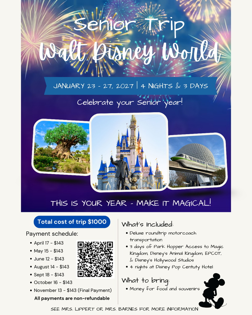 disney senior trip; scan the qr code for more information