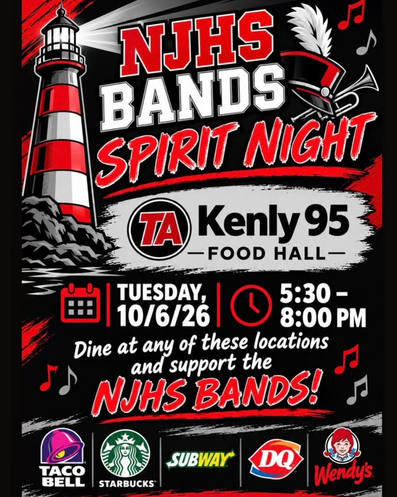 Band spirit night; 10/6/26 from 5:30-8 pm; Kenly 95 Food Hall, Taco Bell, Starbucks, Subway, DQ, and Wendy's; Dine at any of those locations and support the NJHS Bands