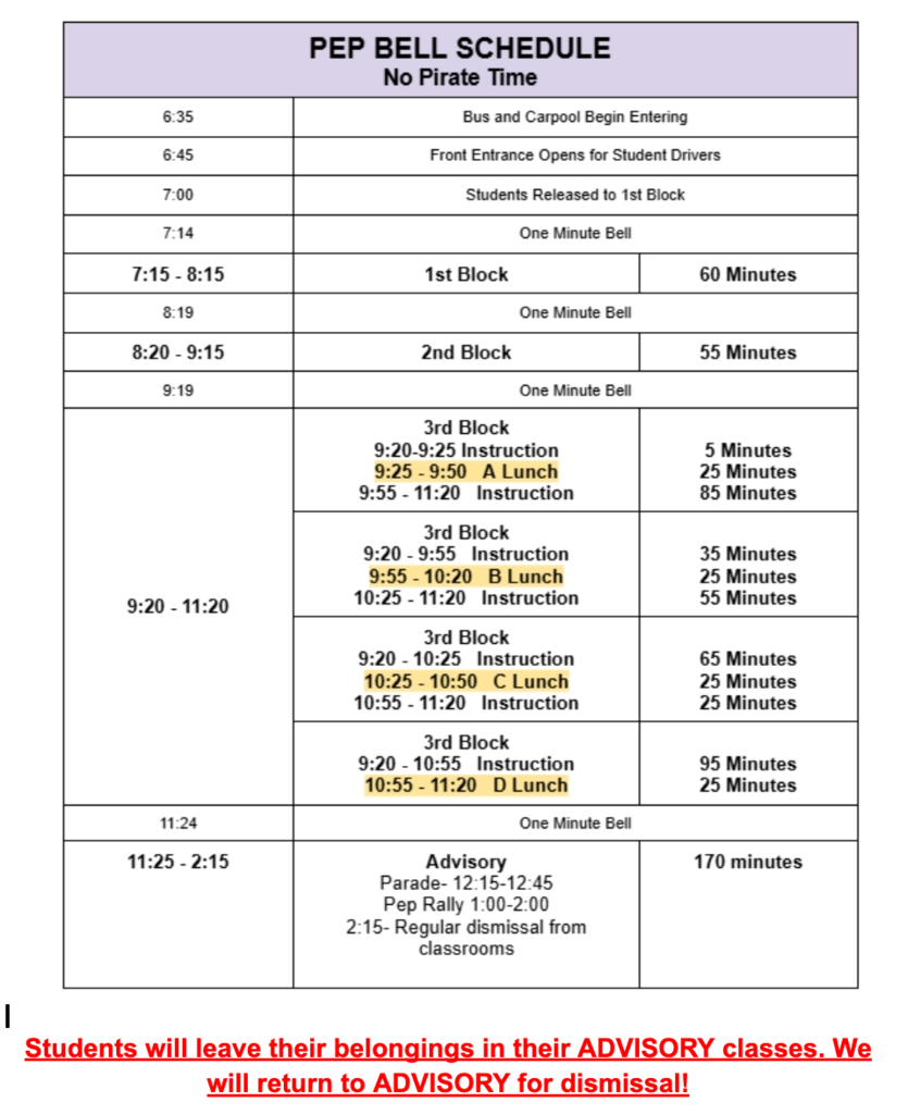 pep rally schedule
