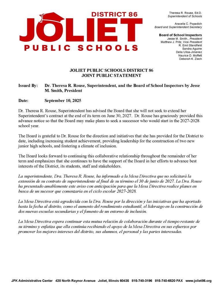 Letter from School Board President and Superintendent 