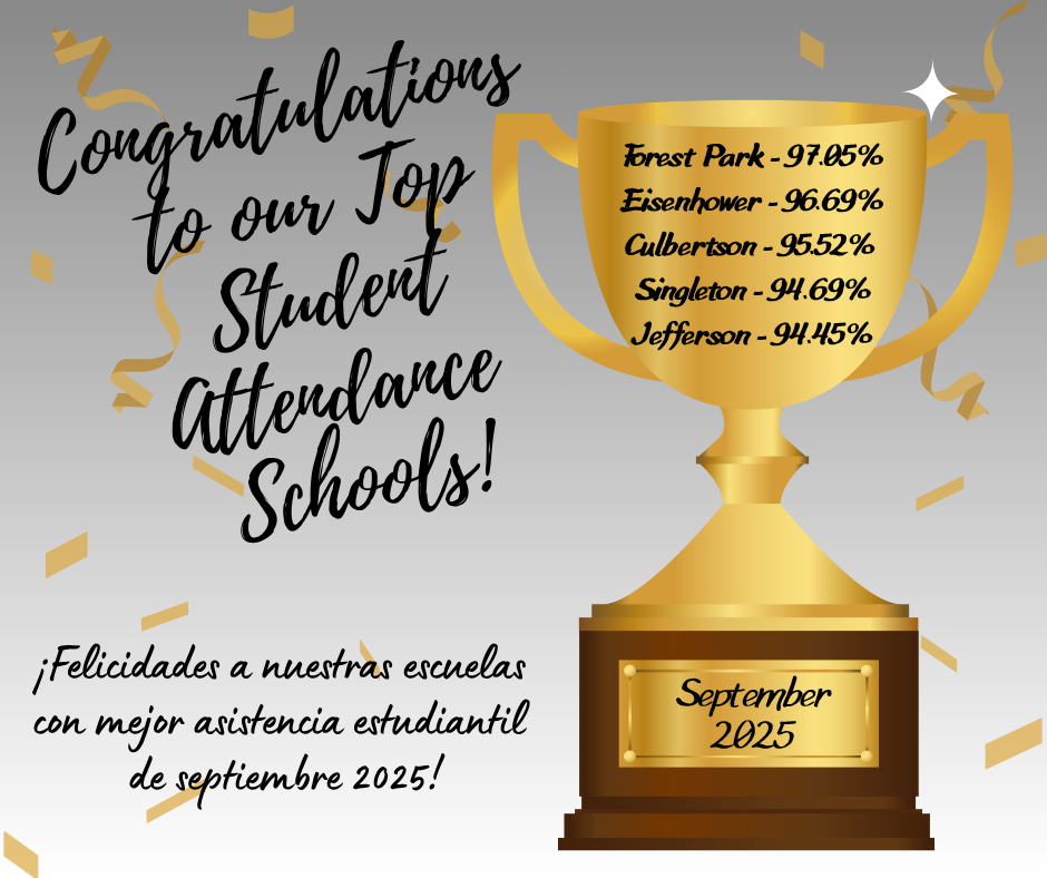 Flyer listing the top five schools with the best student attendance in September 2025. 