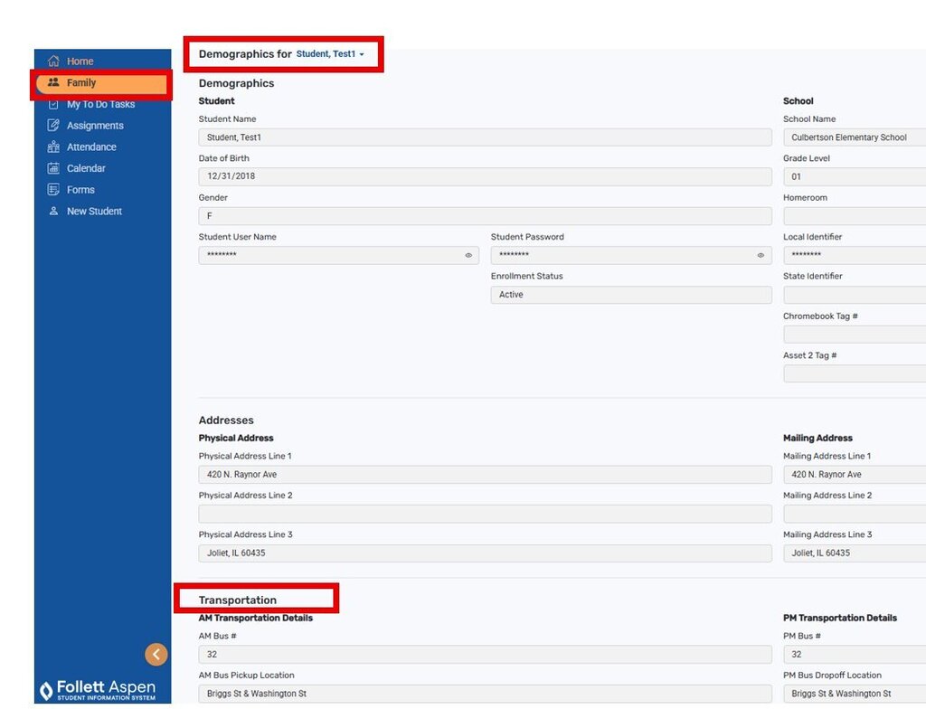 picture of a family portal account