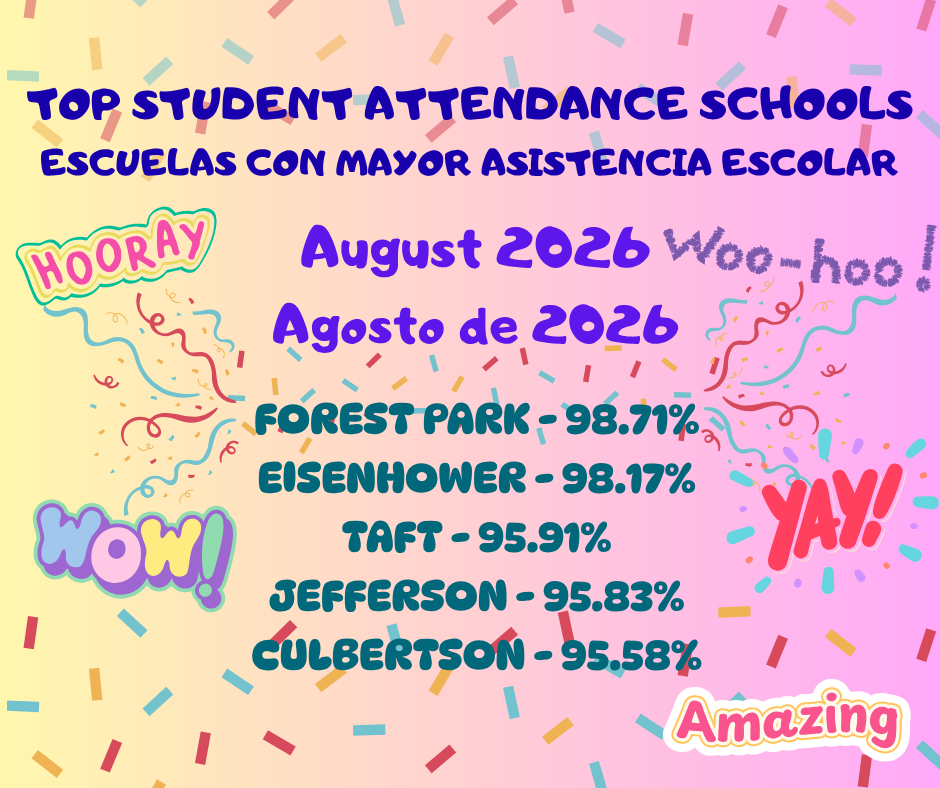 Poster announcing the top five schools for student attendance in August 2026