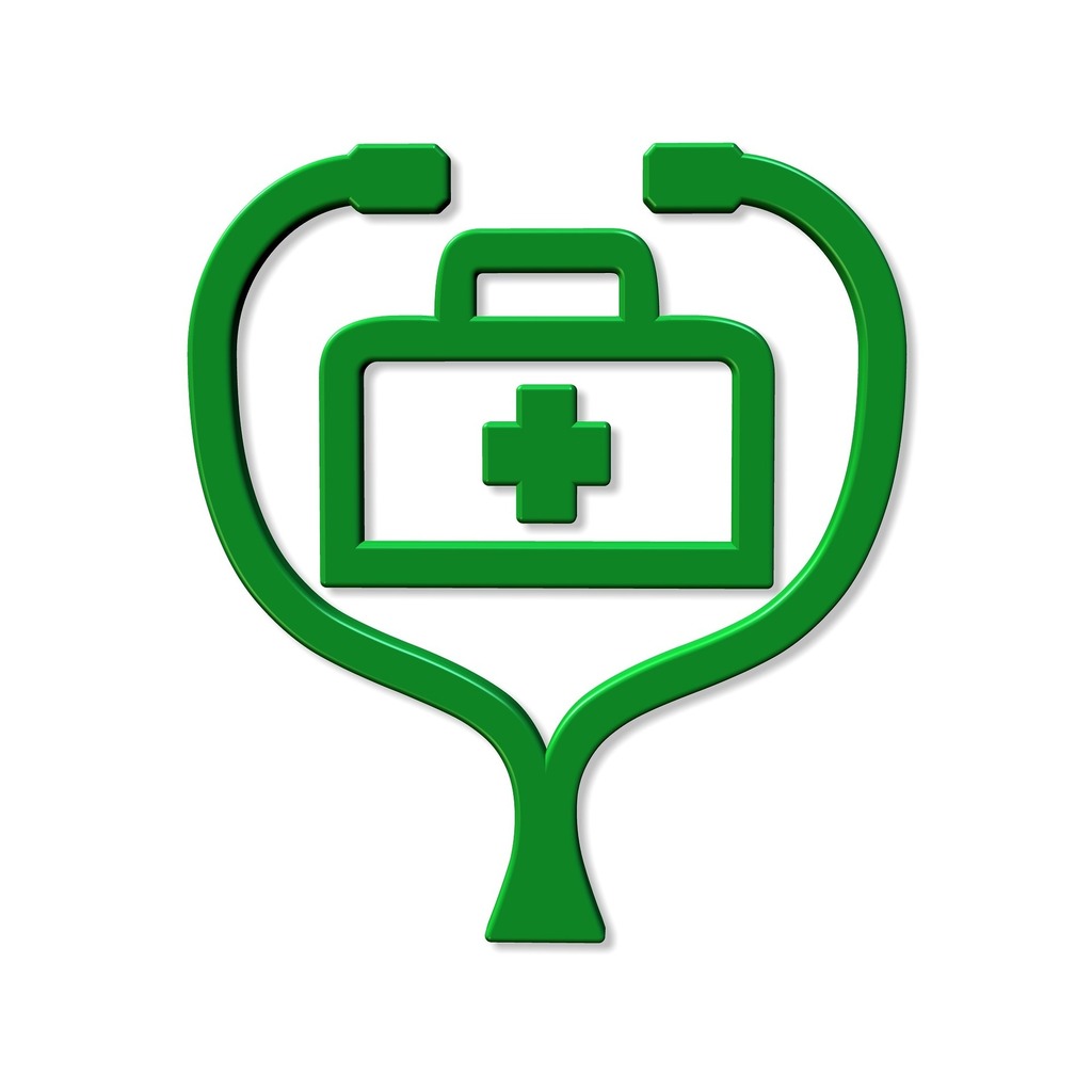 A green icon of a stethoscope with a medical kit in the center. 