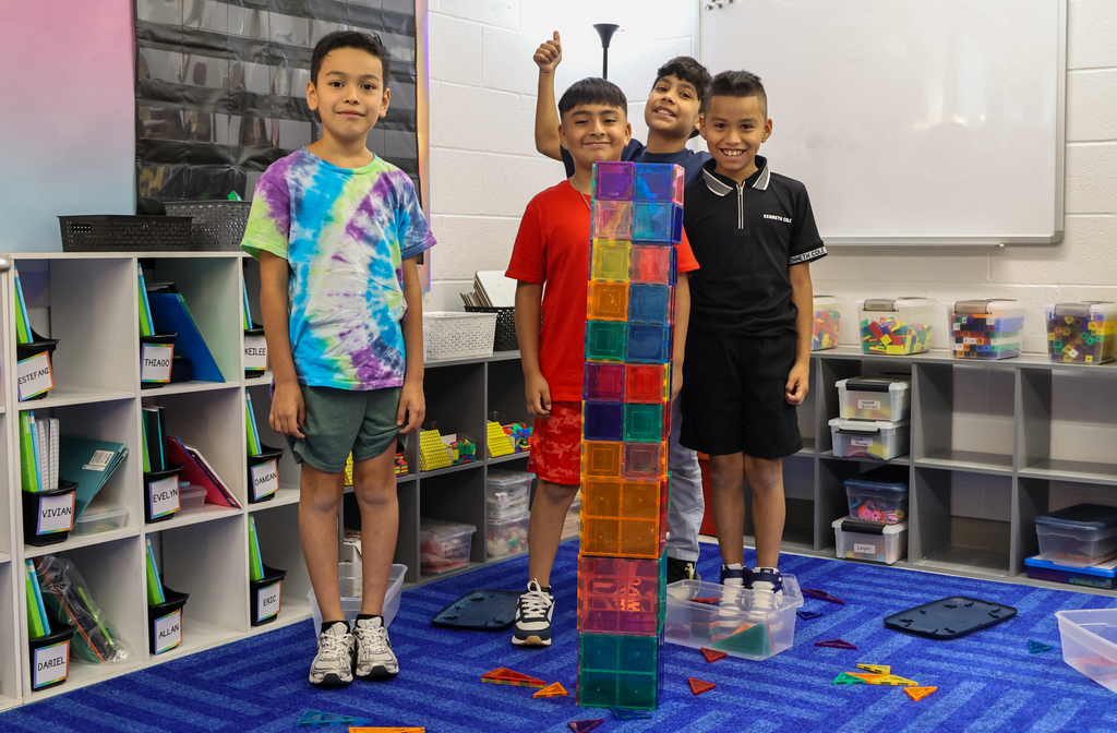 students with block tower