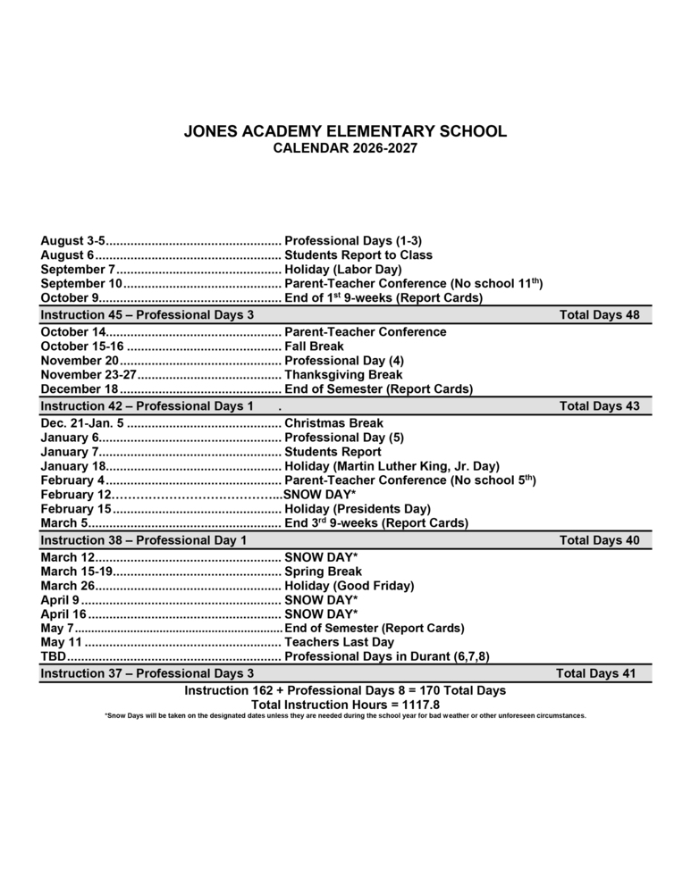 Elementary school calendar 2026-27
