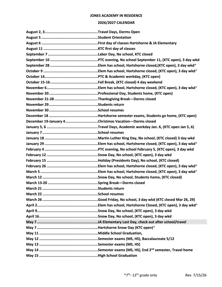 Residence Calendar 2026-27