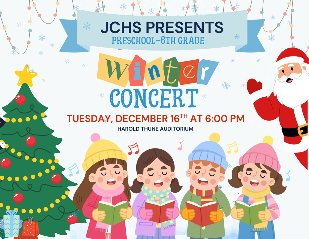 Winter Elementary Concert Tuesday, Decemeber 16th at 6:00 PM in the Harold Thune Auditorium. Poster is a picture of 4 children dressed in winter clothing sing, with a christmas that is decorated in the bottom left corner, and santa peeking his head around the corner waving.