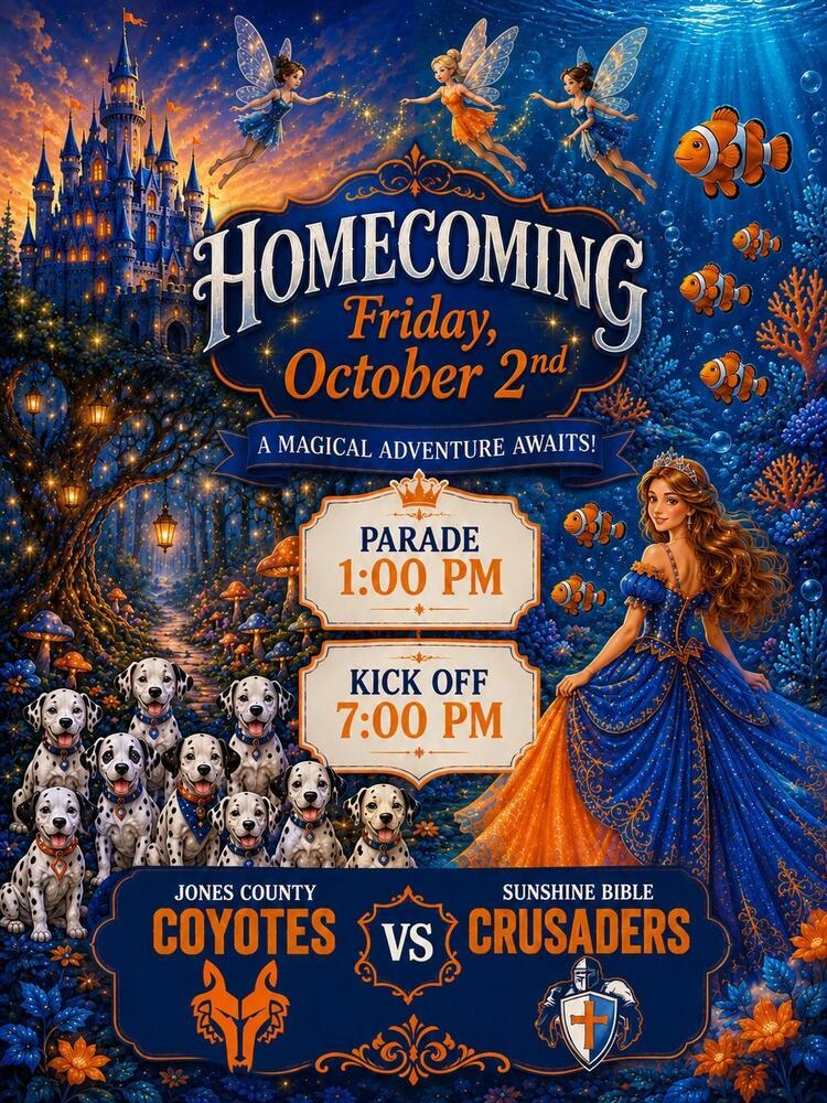 Homecoming 2026 Theme is Disney Movies October 2nd, 2026 Parade 1:0 0PM and Kick Off 7:00 PM 