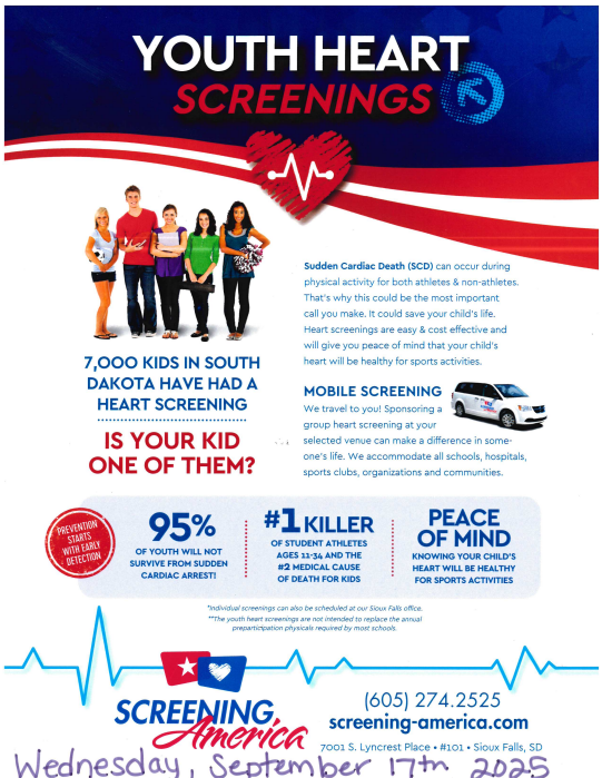 Heart Screens- Call 605-669-2297 to set up an appointment on Wednesday, September 17th open to ages 11-34