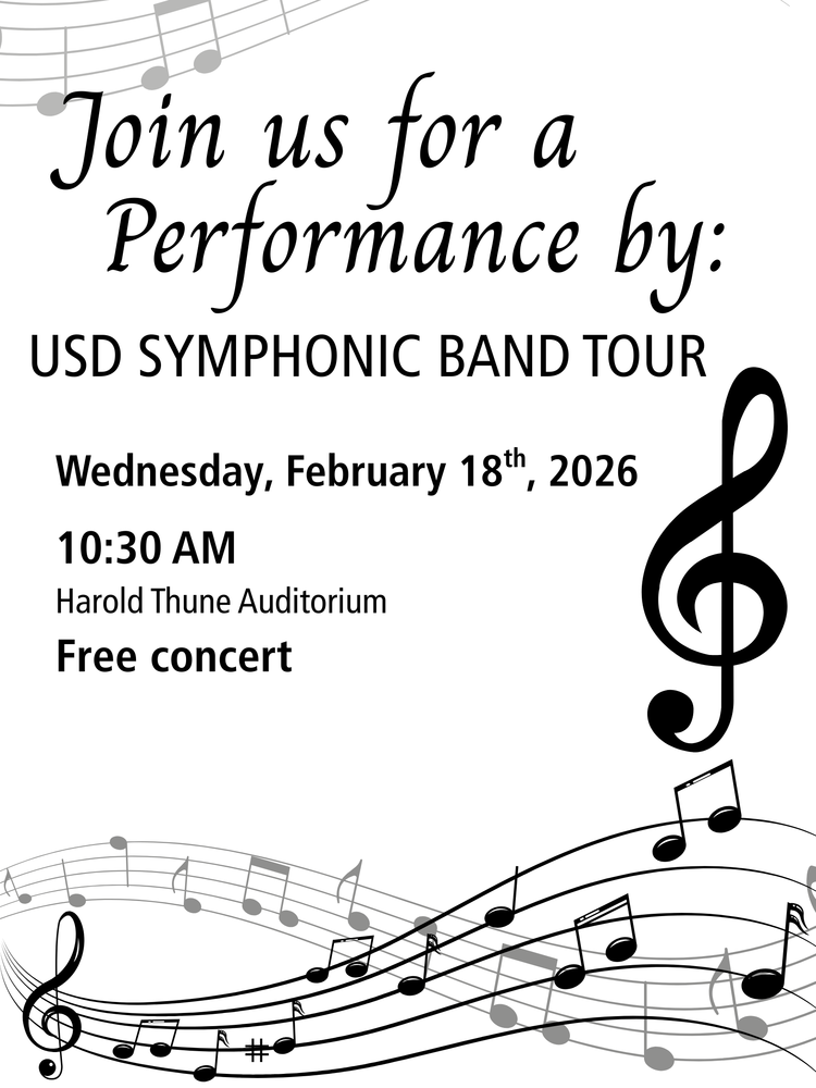 USD Symphoic band tour stopping in Jones County on Wednesday, February 18th, 2026 at 10:30 AM in the harold thune auditorium free concert