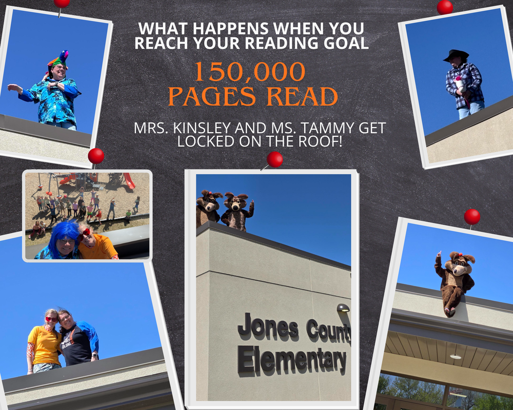 Goal reached 150,000 pages read Mrs. Kinsley and ms. tammy spend the day on the school roof working. 