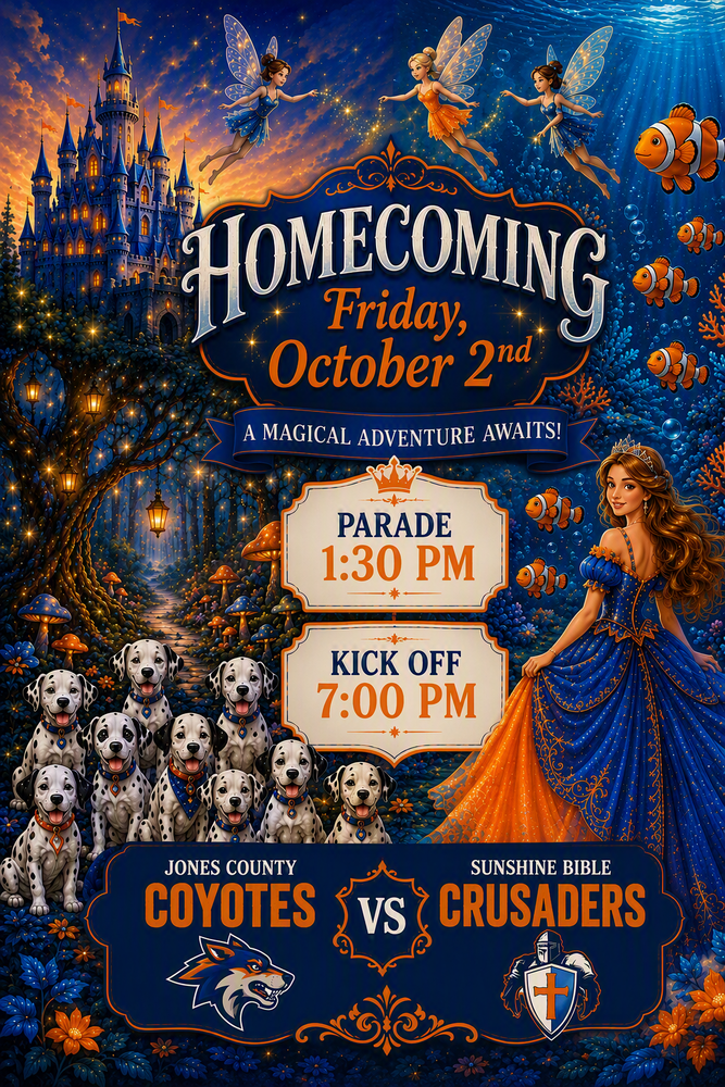 Homecoming 2026 Theme is Disney Movies October 2nd, 2026 Parade 1:0 0PM and Kick Off 7:00 PM