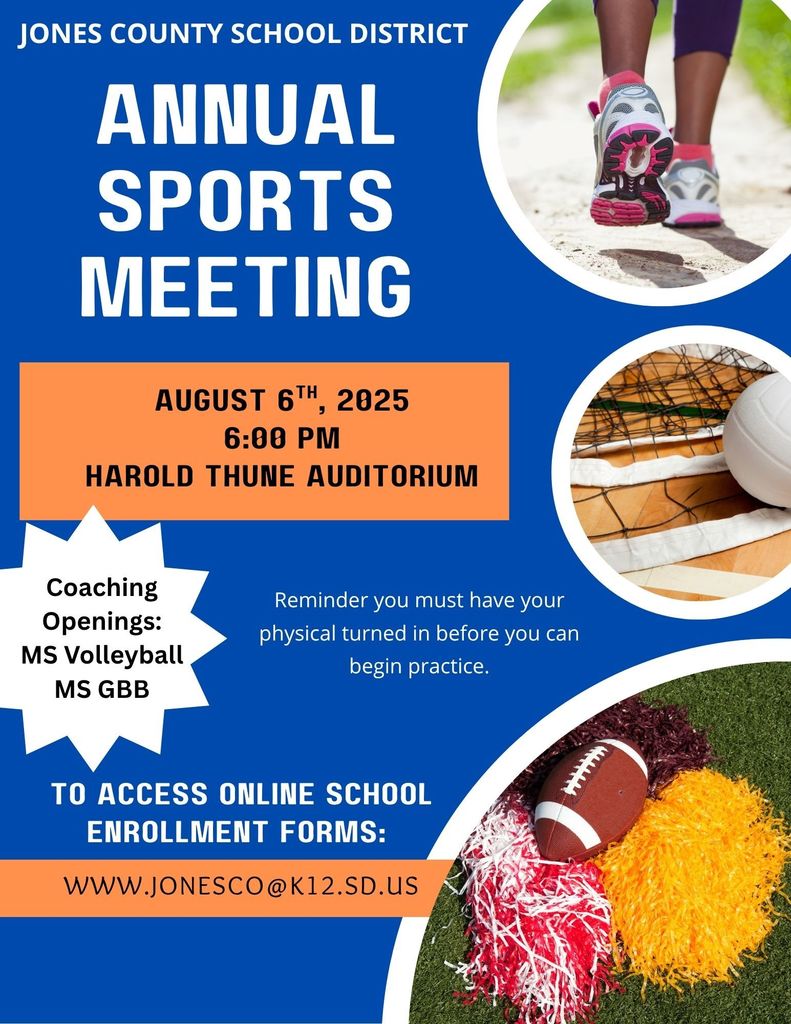 Sports meeting August  6th, 2025 in the Harold Thune Auditorium at 6:00pm flyer decorative