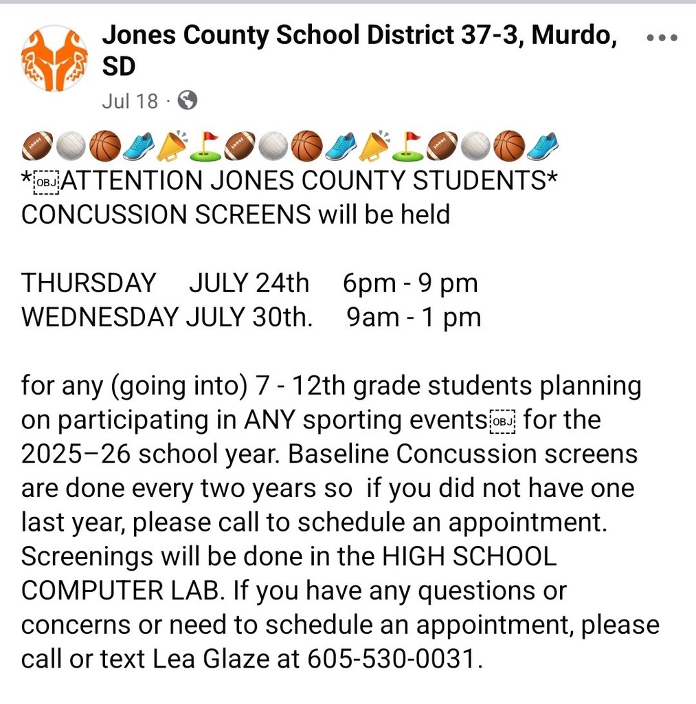 Concussion Screening- July 30th 9AM-1PM please call Lea Glaze to schedule your screening 605-530-0031