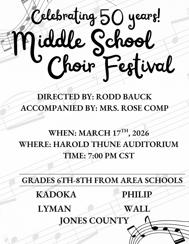 Middle School Choir Festival on Turesday, March 17th, 2026 Harold Thune Audiotirum 7:00 PM 