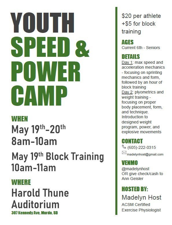 Youth and Speed Power Camp on May 19th and 20th at the Jones County High School. Host by Madelyn Host. 
