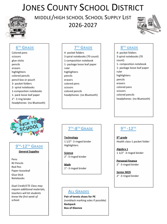 School Supply List Jones County 