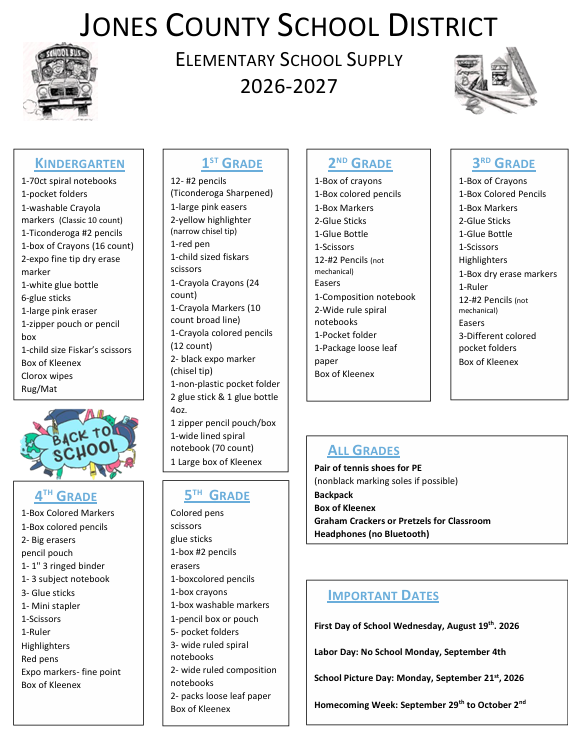 School Supply List Jones County 