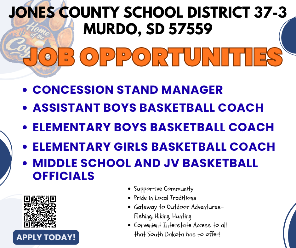 Coaching openings and concession stand manager please call the high school office at 605-669-2258 for more informaiton
