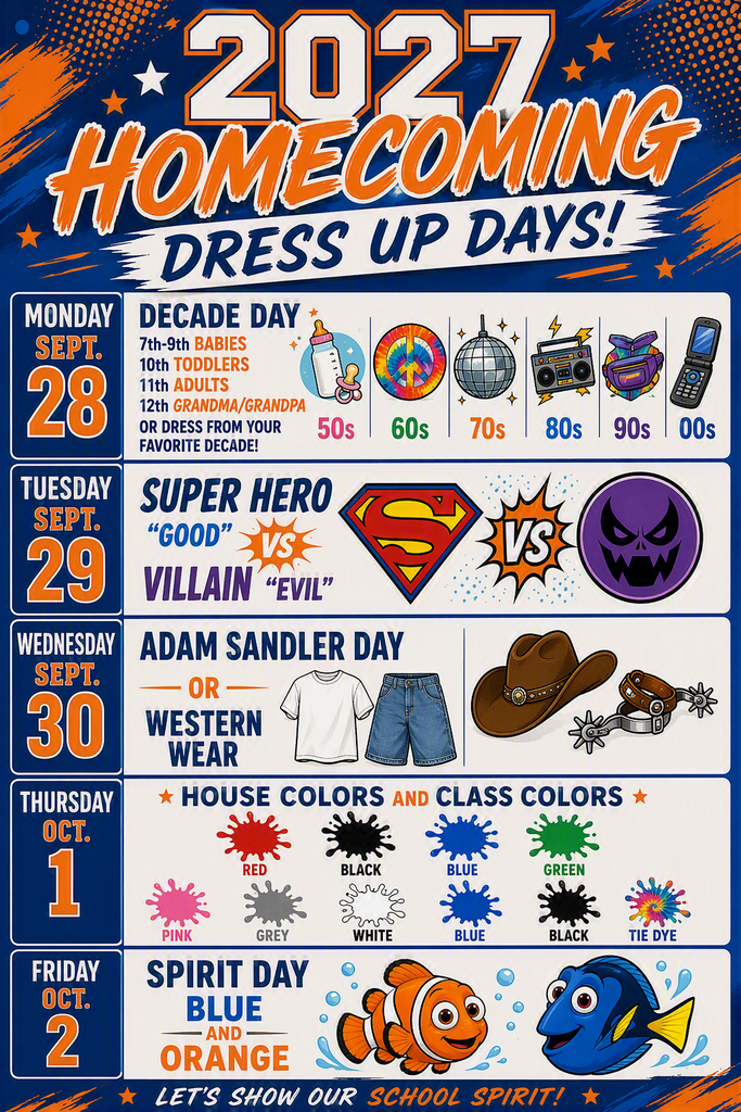 Colorful 2027 Homecoming Dress Up Days flyer. Monday, Sept. 28: Decade Day by grade level or favorite decade. Tuesday, Sept. 29: Super Hero "Good" vs. Villain "Evil." Wednesday, Sept. 30: Adam Sandler Day or Western Wear. Thursday, Oct. 1: House Colors and Class Colors. Friday, Oct. 2: Spirit Day, wear blue and orange. The poster uses blue and orange school colors with themed illustrations for each day.