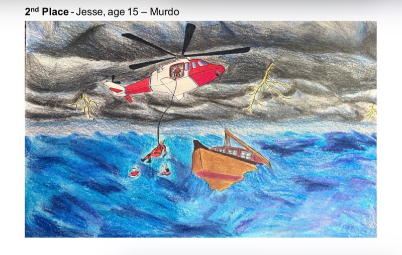 Art drawing of helipcopter coast gaurd saving crew out of ocean 