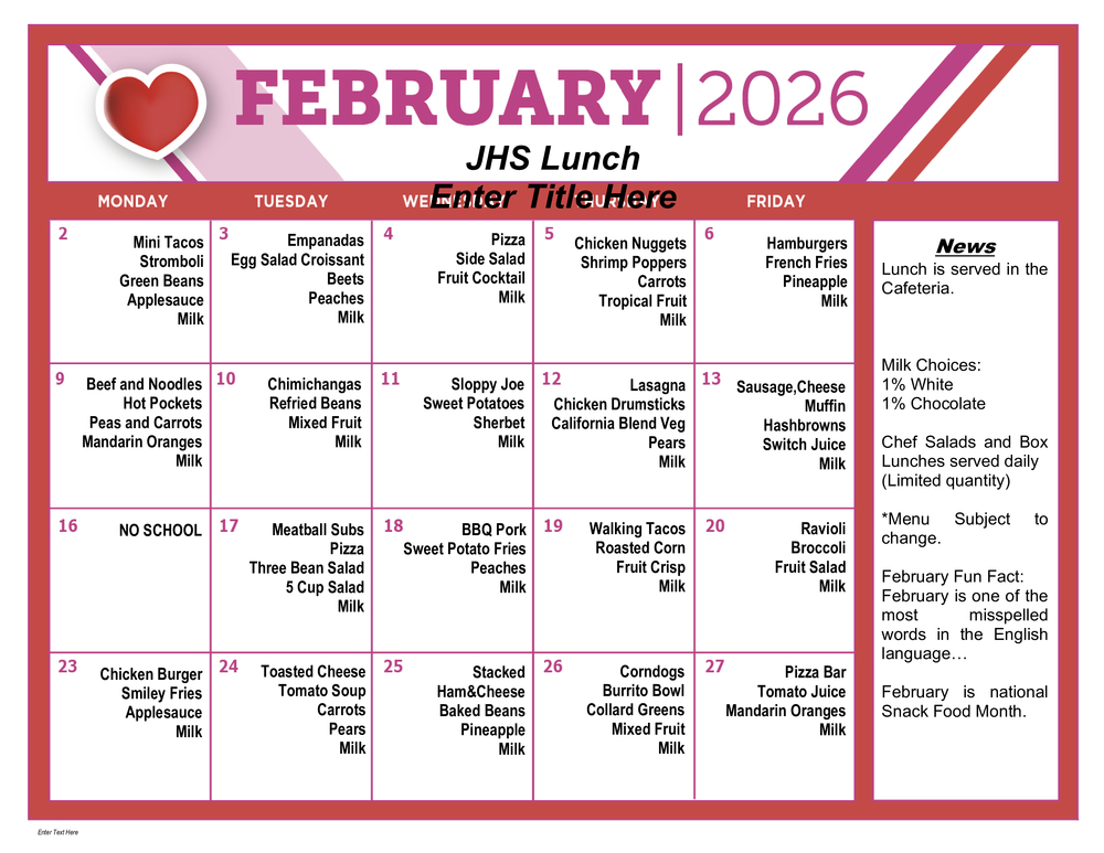 JHS  Lunch February 2026