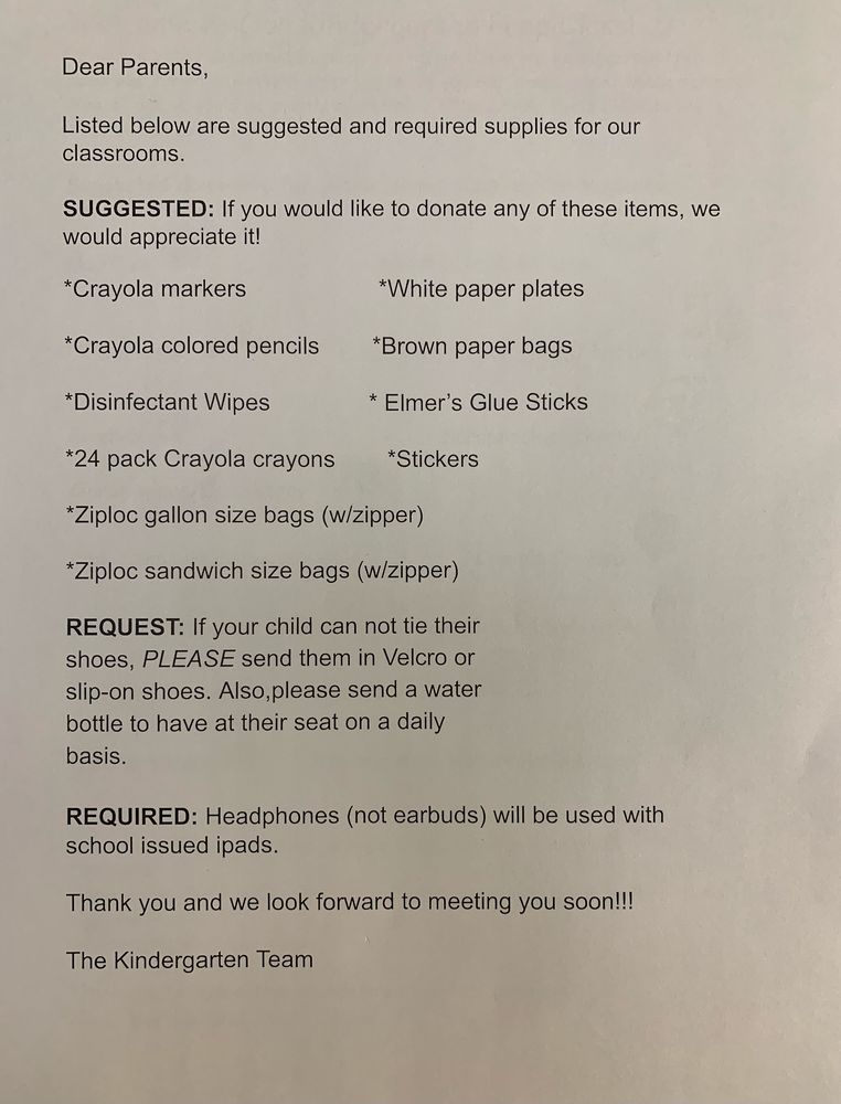 KINDERGARTEN SUPPLY LIST