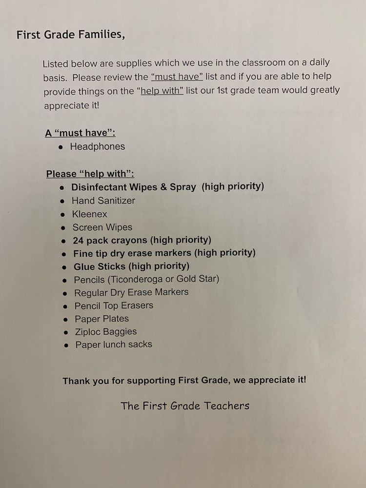 1st Grade Supply List