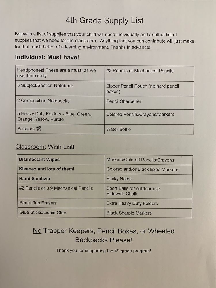 4th Grade Supply List