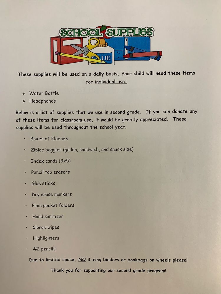 2nd Grade Supply List