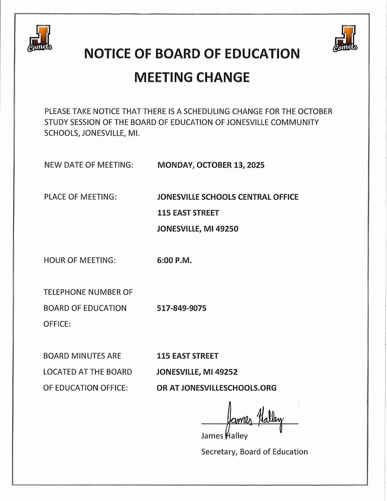 Notice of Board of Education Meeting Change to Monday, October 13 2025
