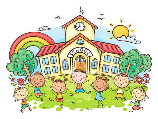 Clipart graphic with students happily playing in front of a school building with a sun, cloud and rainbow in the sky.