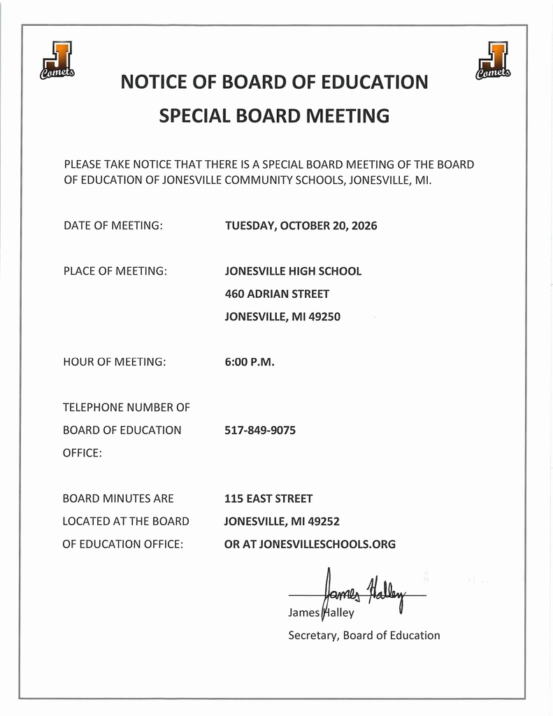 Special Board Meeting 10/20/2026 at 6 p.m. at Jonesville High School